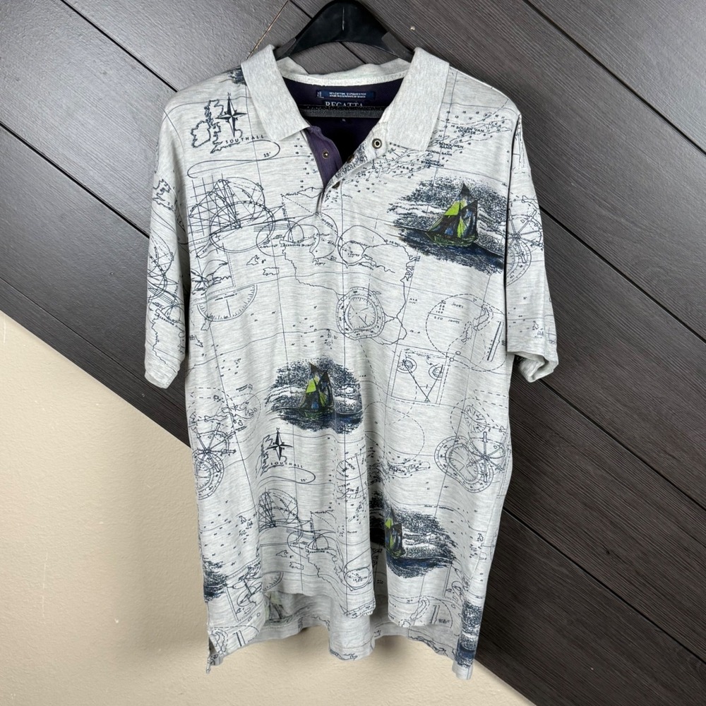 Regatta Men's XL Polo Shirt Sailboat Nautical Map Print Snap Button Vintage